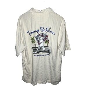 Tommy Bahama Cream 100% Silk Baseball Embroidered Short Sleeve Button Down